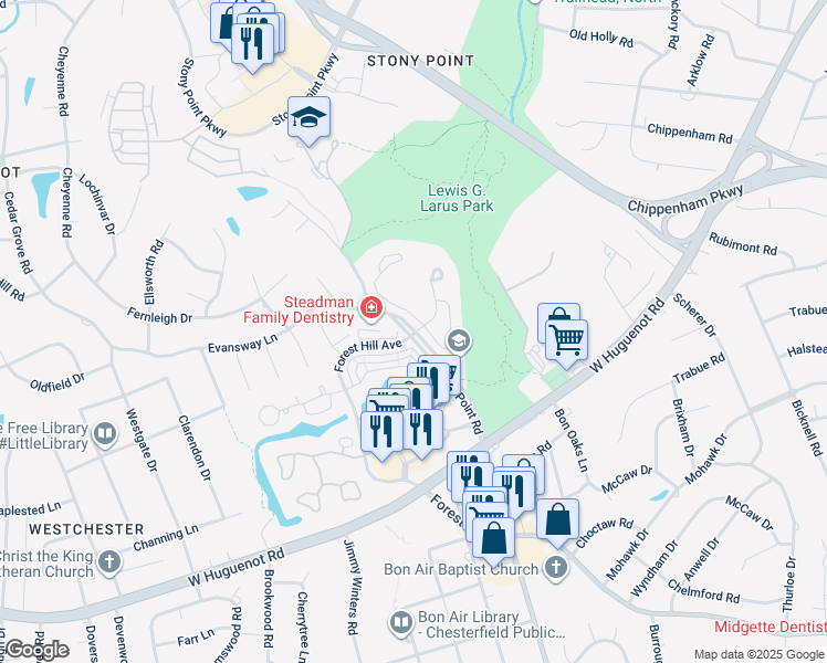 map of restaurants, bars, coffee shops, grocery stores, and more near 3207 Stony Point Road in Richmond