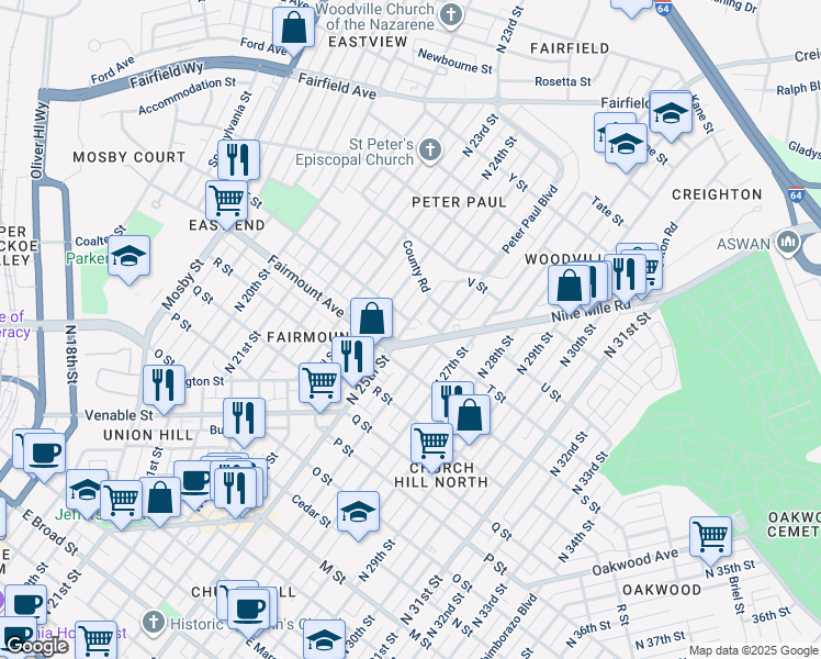 map of restaurants, bars, coffee shops, grocery stores, and more near 1401 North 25th Street in Richmond