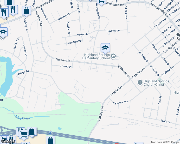 map of restaurants, bars, coffee shops, grocery stores, and more near 831 Pleasant Street in Henrico