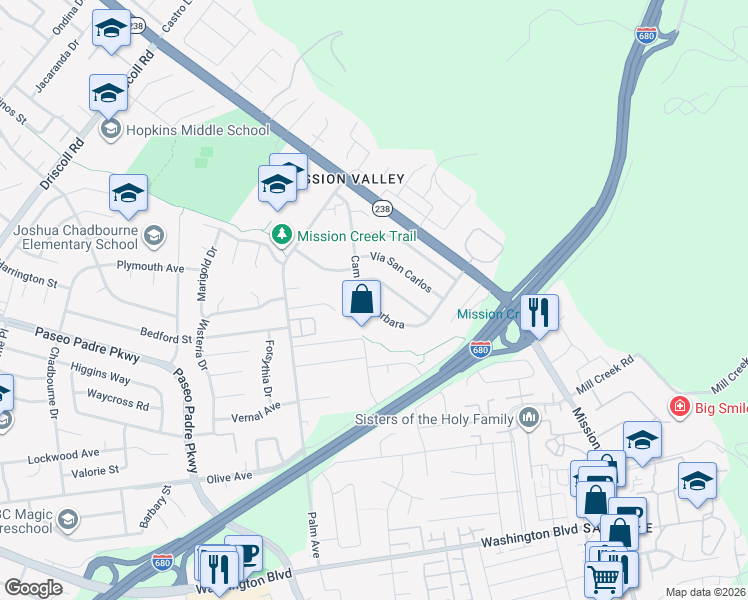 map of restaurants, bars, coffee shops, grocery stores, and more near 42170 Camino Santa Barbara in Fremont