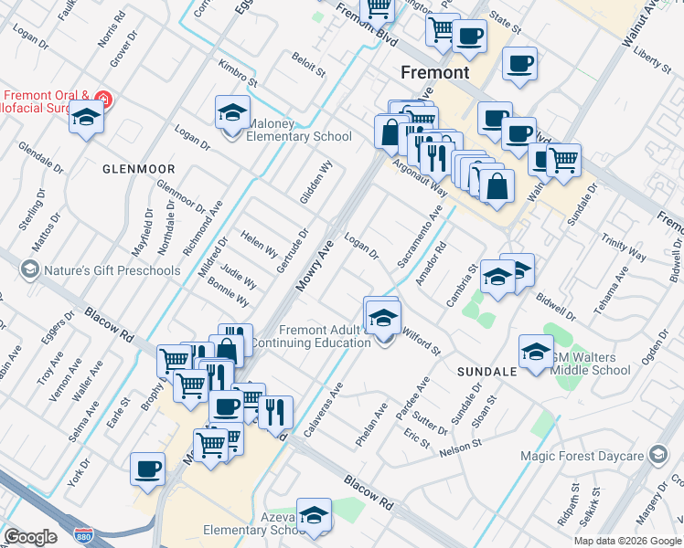 map of restaurants, bars, coffee shops, grocery stores, and more near 4622 Sloat Road in Fremont