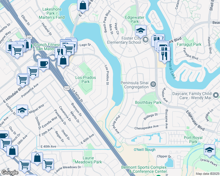 map of restaurants, bars, coffee shops, grocery stores, and more near 3323 Los Prados Street in San Mateo