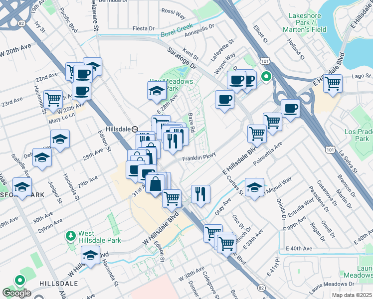 map of restaurants, bars, coffee shops, grocery stores, and more near 3100 Mena Drive in San Mateo