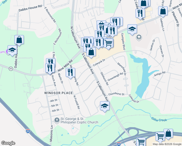 map of restaurants, bars, coffee shops, grocery stores, and more near 4715 Laurie Lane in Richmond
