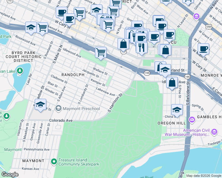 map of restaurants, bars, coffee shops, grocery stores, and more near 1202 Lakeview Avenue in Richmond