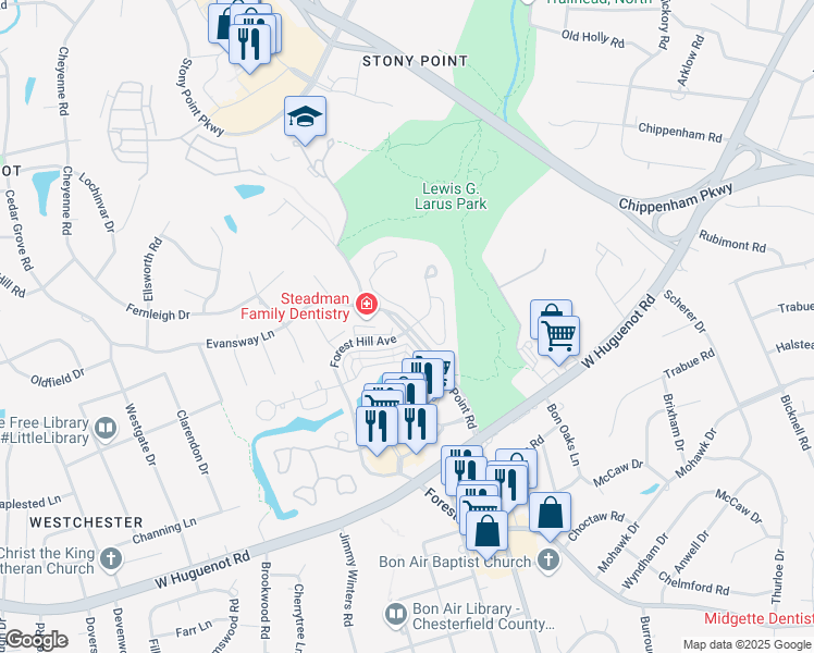 map of restaurants, bars, coffee shops, grocery stores, and more near Stony Point Road in Richmond