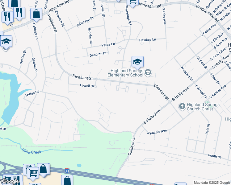 map of restaurants, bars, coffee shops, grocery stores, and more near 839 Pleasant Street in Highland Springs
