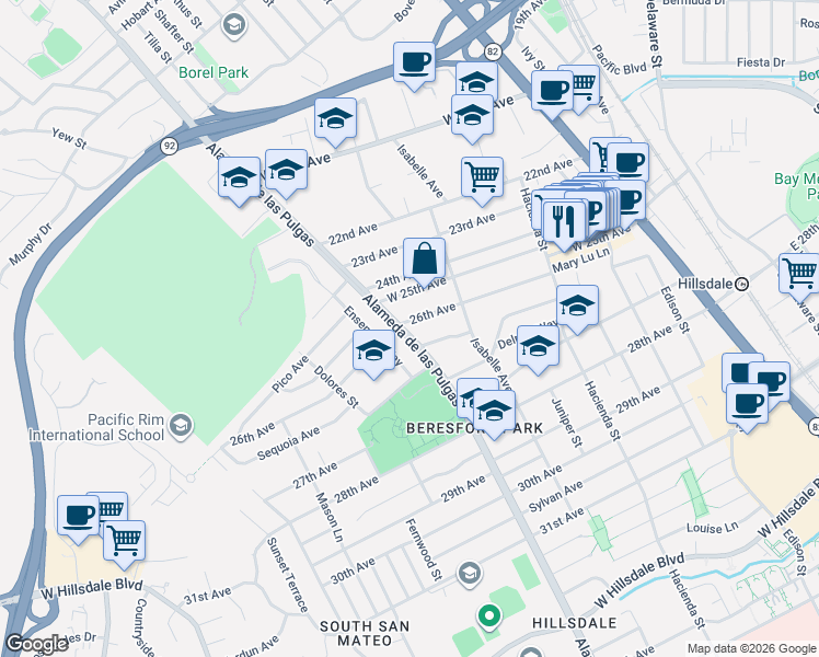 map of restaurants, bars, coffee shops, grocery stores, and more near 2612 Alameda de las Pulgas in San Mateo