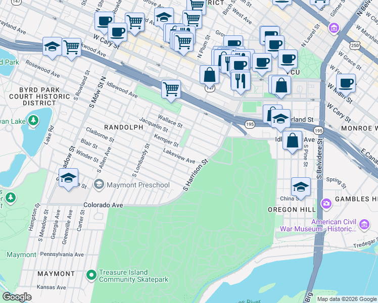 map of restaurants, bars, coffee shops, grocery stores, and more near 1202 Lakeview Avenue in Richmond