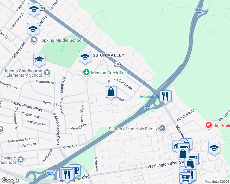 map of restaurants, bars, coffee shops, grocery stores, and more near 42170 Camino Santa Barbara in Fremont