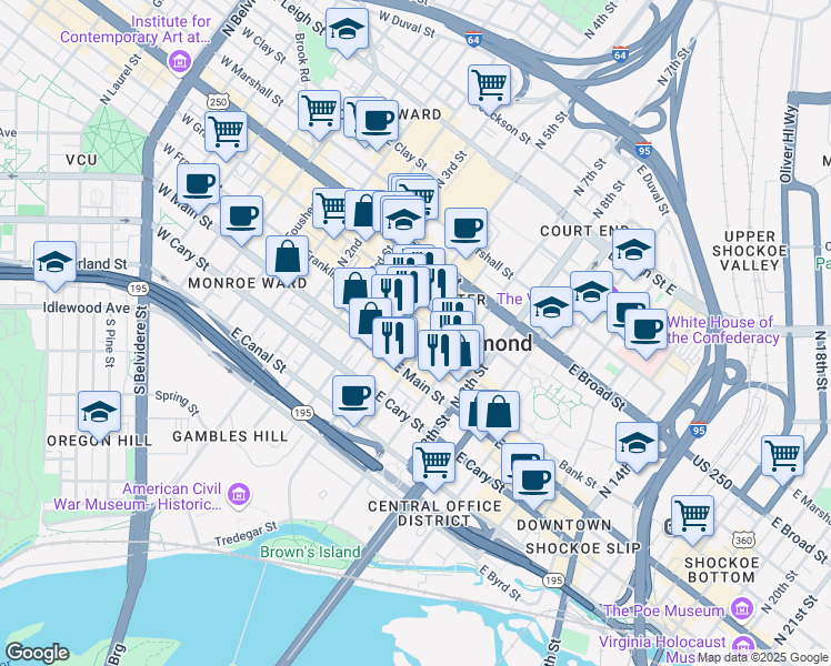 map of restaurants, bars, coffee shops, grocery stores, and more near in Richmond