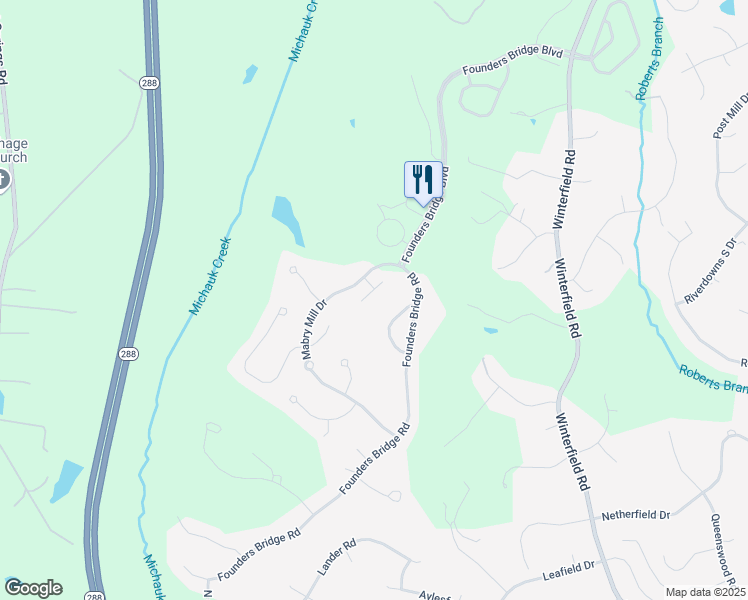 map of restaurants, bars, coffee shops, grocery stores, and more near 721 Founders Crest Court in Midlothian