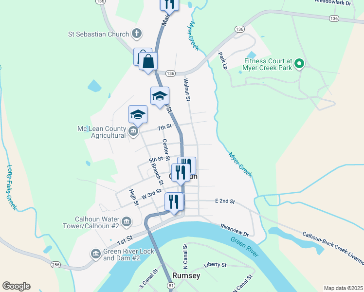 map of restaurants, bars, coffee shops, grocery stores, and more near 598 Main St in Calhoun