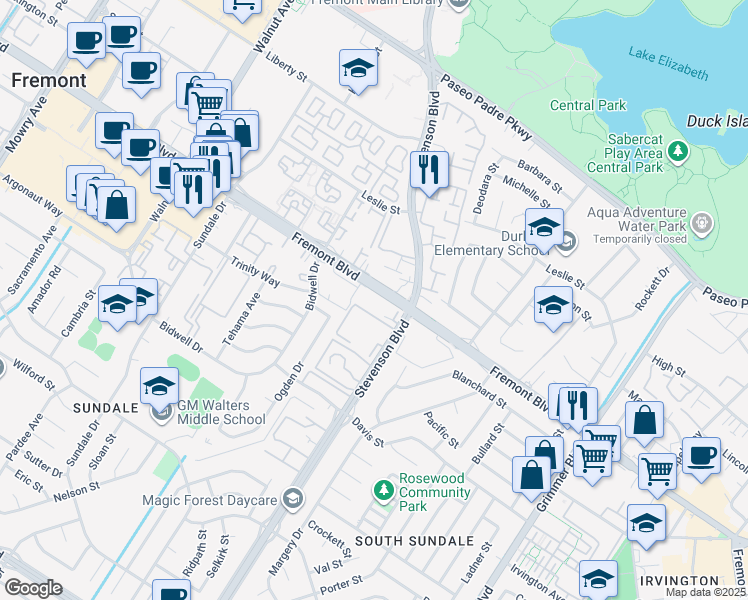 map of restaurants, bars, coffee shops, grocery stores, and more near 39951 Fremont Boulevard in Fremont