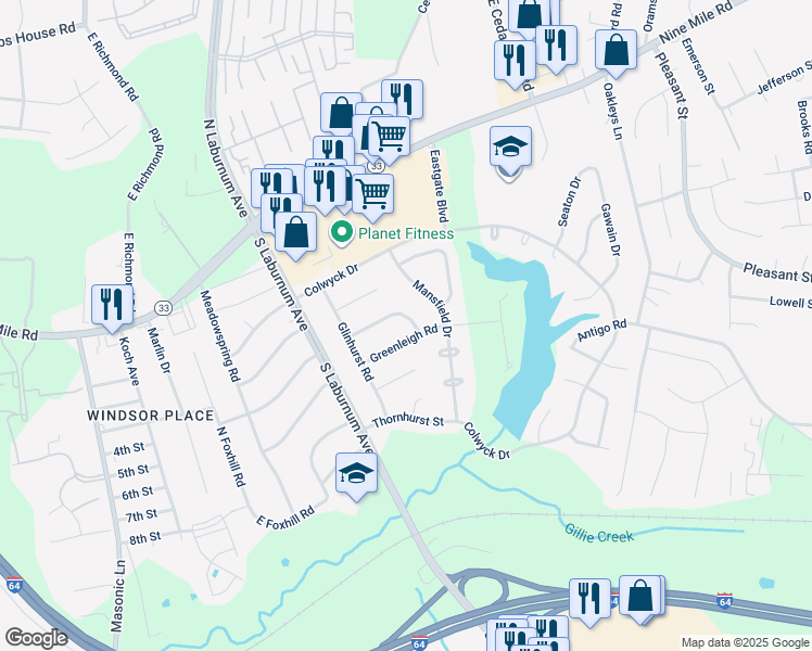 map of restaurants, bars, coffee shops, grocery stores, and more near 4915 Glenspring Road in Richmond