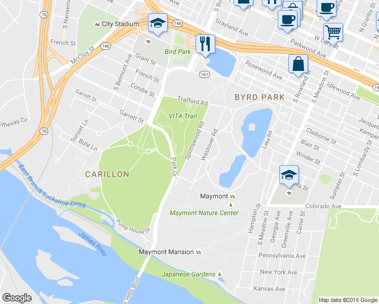 map of restaurants, bars, coffee shops, grocery stores, and more near Spottswood Road in Richmond