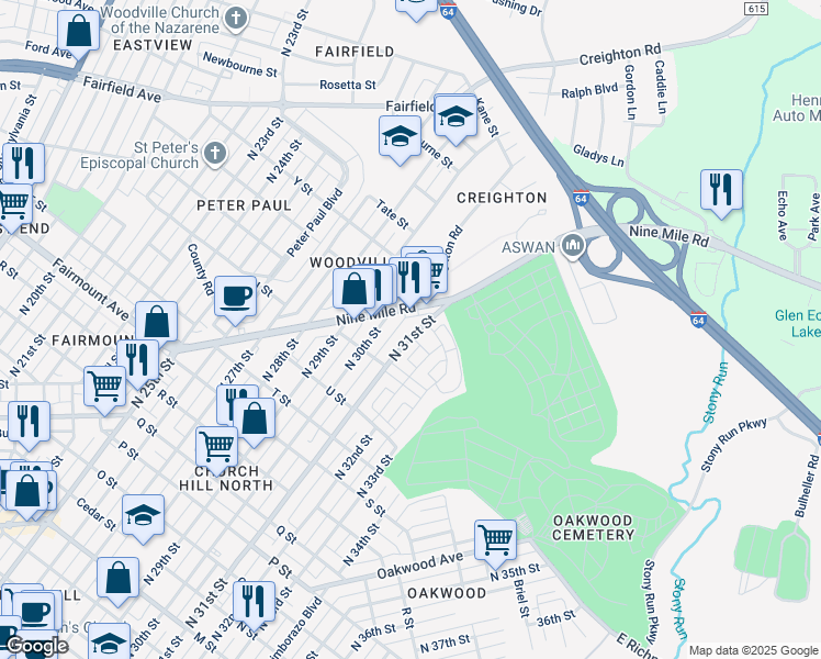 map of restaurants, bars, coffee shops, grocery stores, and more near 1620 North 31st Street in Richmond