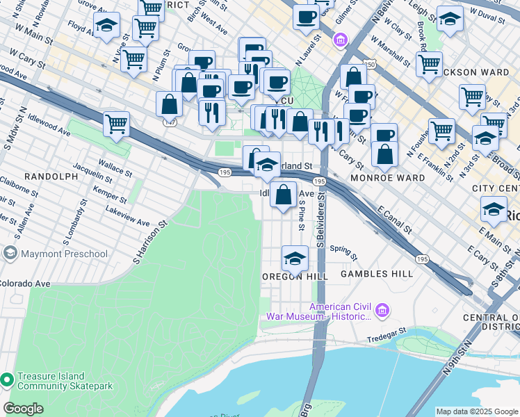 map of restaurants, bars, coffee shops, grocery stores, and more near 318 South Cherry Street in Richmond