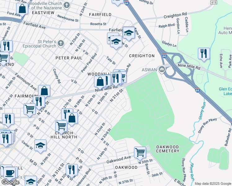 map of restaurants, bars, coffee shops, grocery stores, and more near 1620 North 31st Street in Richmond