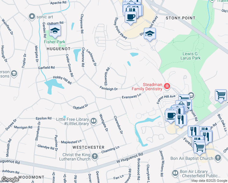 map of restaurants, bars, coffee shops, grocery stores, and more near 9623 Fernleigh Drive in Richmond