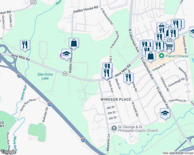 map of restaurants, bars, coffee shops, grocery stores, and more near 4114 Nine Mile Road in Richmond
