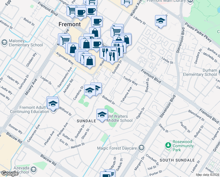map of restaurants, bars, coffee shops, grocery stores, and more near 39150 Sundale Drive in Fremont