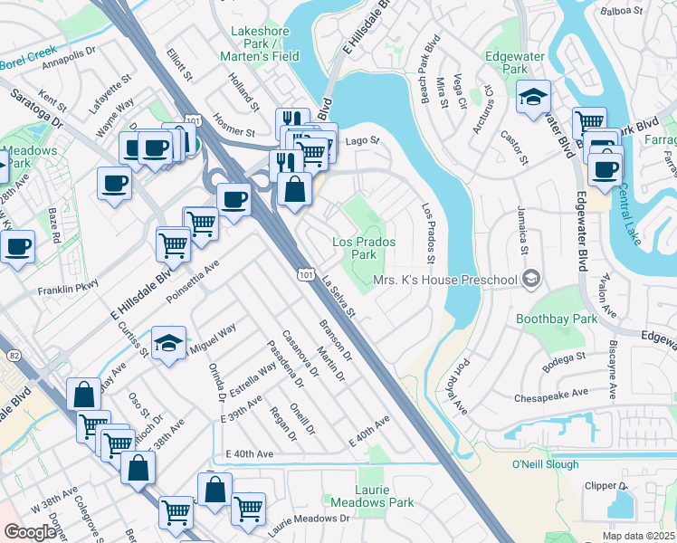 map of restaurants, bars, coffee shops, grocery stores, and more near 3249 La Selva Street in San Mateo