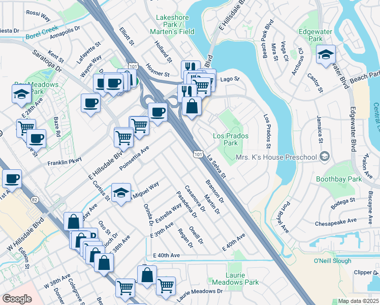 map of restaurants, bars, coffee shops, grocery stores, and more near 3533 Martin Drive in San Mateo