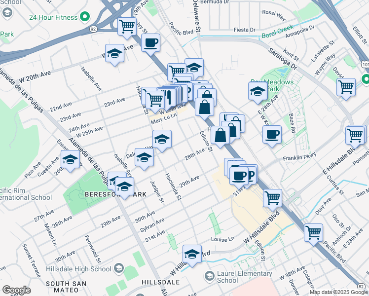 map of restaurants, bars, coffee shops, grocery stores, and more near 112 28th Avenue in San Mateo