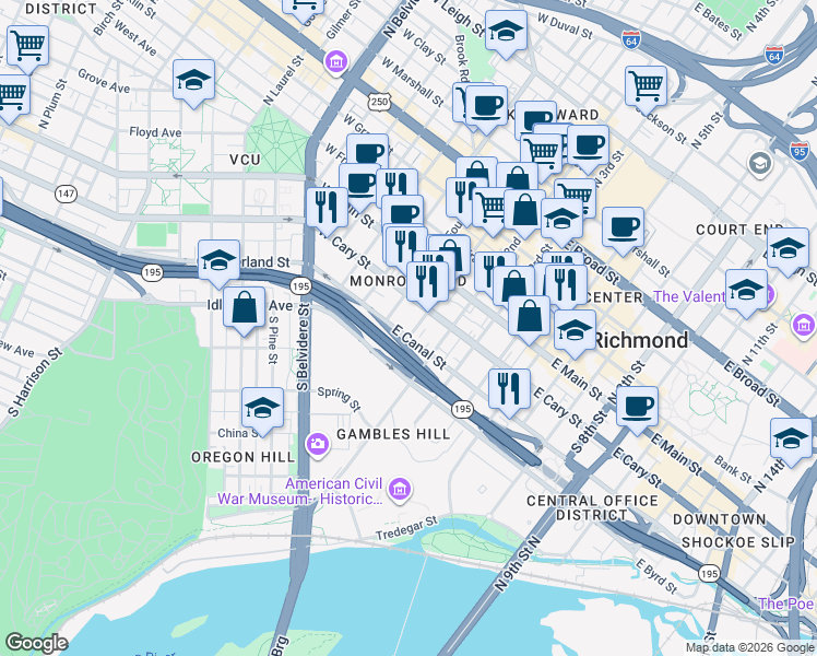 map of restaurants, bars, coffee shops, grocery stores, and more near 119 South 1st Street in Richmond