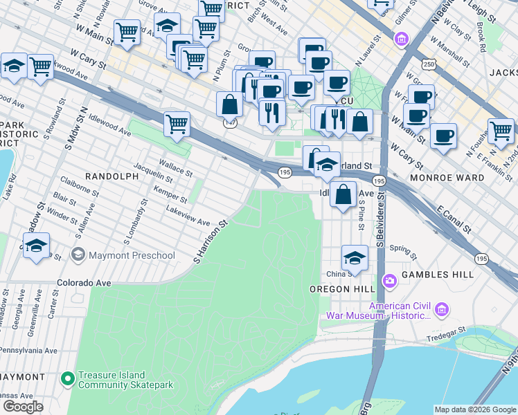 map of restaurants, bars, coffee shops, grocery stores, and more near 1105 Wallace Street in Richmond