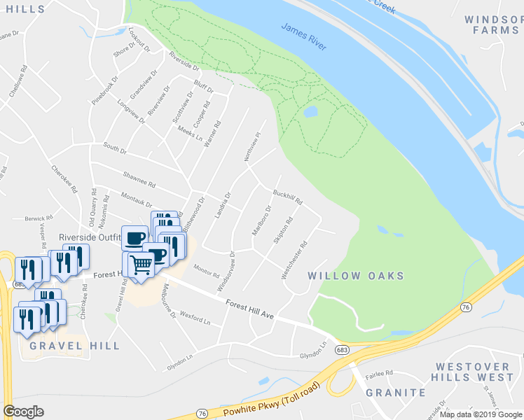 map of restaurants, bars, coffee shops, grocery stores, and more near 3103 Marlboro Drive in Richmond
