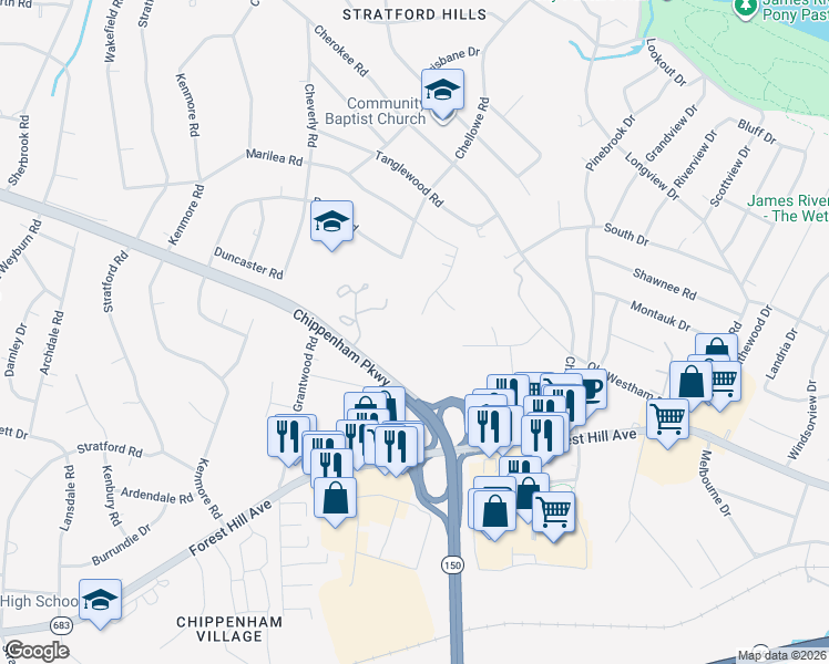 map of restaurants, bars, coffee shops, grocery stores, and more near 7400 Chippenham Parkway in Richmond
