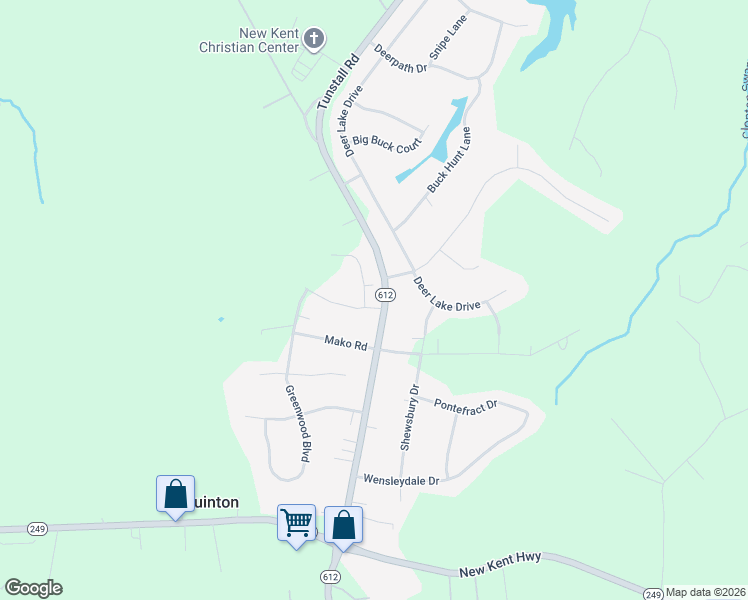 map of restaurants, bars, coffee shops, grocery stores, and more near 9123 Tunstall Road in New Kent