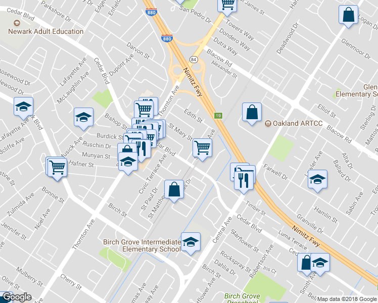 map of restaurants, bars, coffee shops, grocery stores, and more near 5447 Saint Mark Avenue in Newark