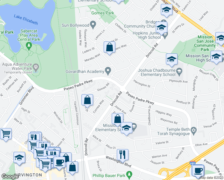 map of restaurants, bars, coffee shops, grocery stores, and more near 2000 Briscoe Terrace in Fremont