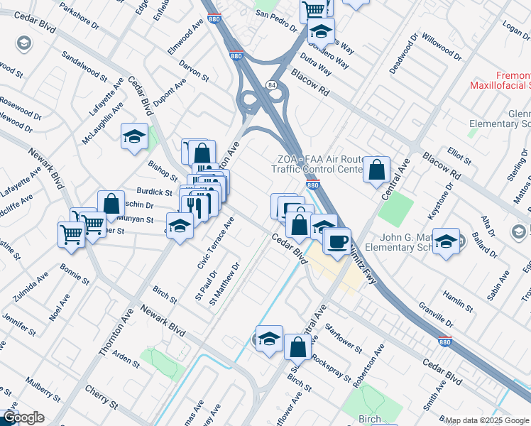map of restaurants, bars, coffee shops, grocery stores, and more near 5447 Saint Mark Avenue in Newark