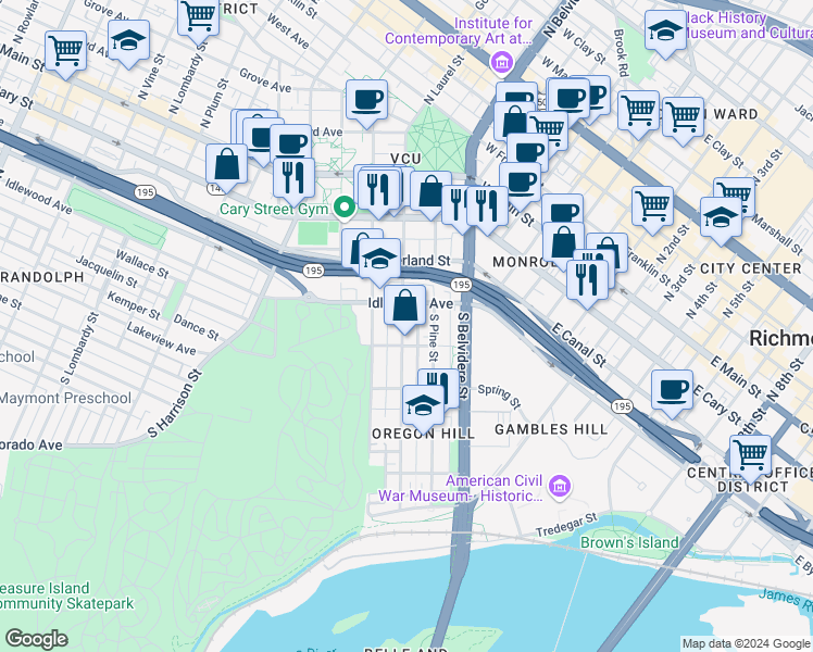 map of restaurants, bars, coffee shops, grocery stores, and more near 327 South Laurel Street in Richmond