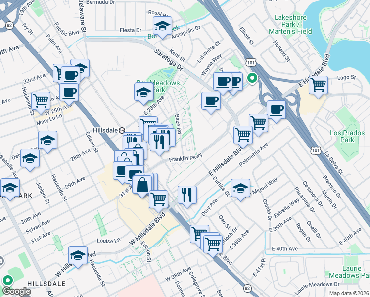 map of restaurants, bars, coffee shops, grocery stores, and more near 3039 Baze Road in San Mateo