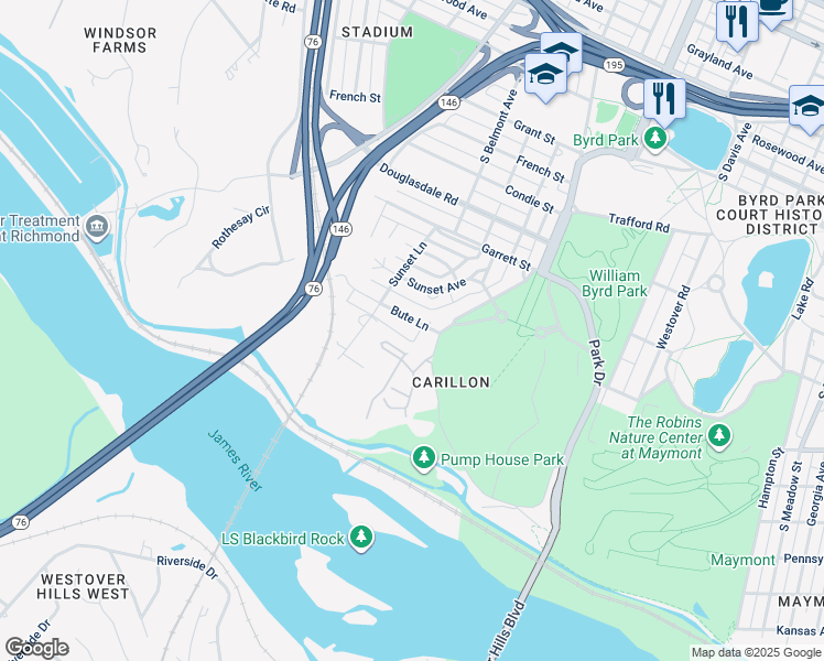 map of restaurants, bars, coffee shops, grocery stores, and more near 3111 Bute Lane in Richmond