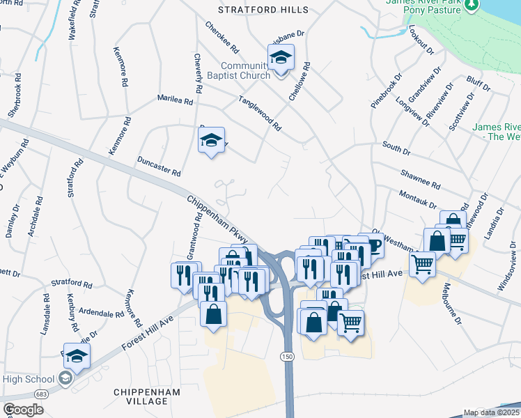 map of restaurants, bars, coffee shops, grocery stores, and more near 3014 Bradwill Road in Richmond