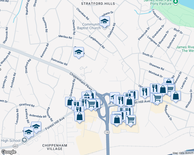 map of restaurants, bars, coffee shops, grocery stores, and more near 3014 Bradwill Road in Richmond