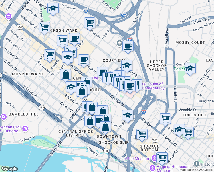 map of restaurants, bars, coffee shops, grocery stores, and more near 301 North 9th Street in Richmond