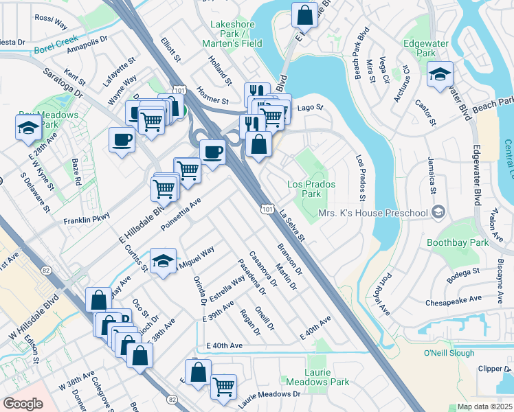 map of restaurants, bars, coffee shops, grocery stores, and more near 3533 Martin Drive in San Mateo