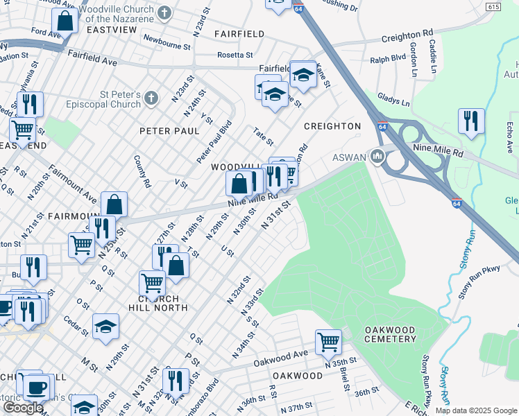 map of restaurants, bars, coffee shops, grocery stores, and more near 1605 North 31st Street in Richmond