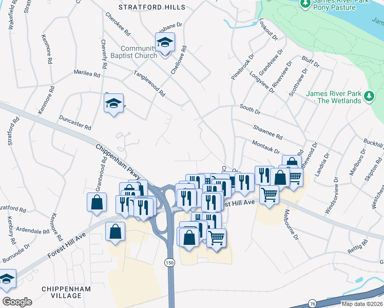 map of restaurants, bars, coffee shops, grocery stores, and more near 7251 Berwick Road in Richmond