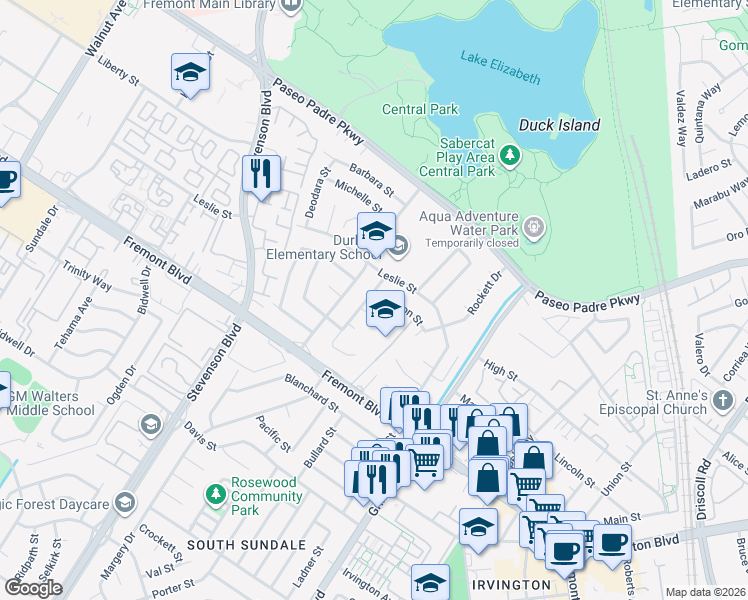 map of restaurants, bars, coffee shops, grocery stores, and more near 40207 Condon Street in Fremont