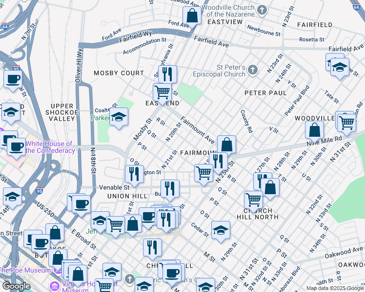 map of restaurants, bars, coffee shops, grocery stores, and more near 1113 North 21st Street in Richmond