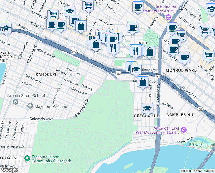 map of restaurants, bars, coffee shops, grocery stores, and more near 410 Dobson Street in Richmond