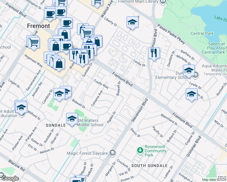 map of restaurants, bars, coffee shops, grocery stores, and more near 39753 Placer Way in Fremont